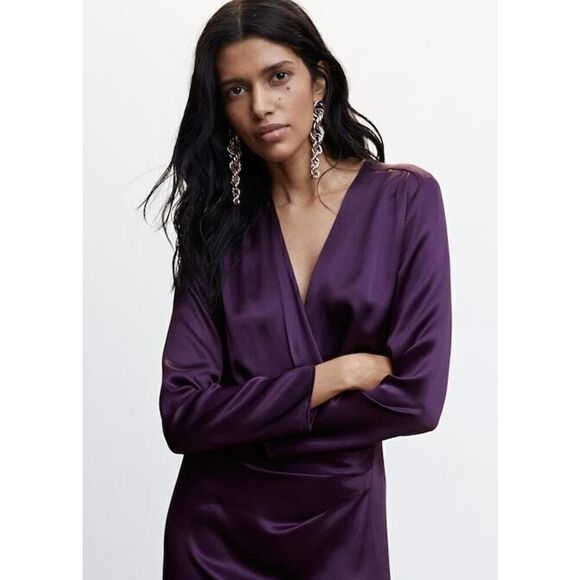 NEW! Mango MNG Purple vneck plunge open back Satin wrapped slit maxi dress US 4 - Picture 3 of 12